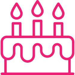 Pink line drawing of a birthday cake with three candles.