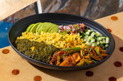 Curry Up Now Keto Bowl: kadhai chicken and saag paneer with cauliflower rice, avocado, pico and cucumber