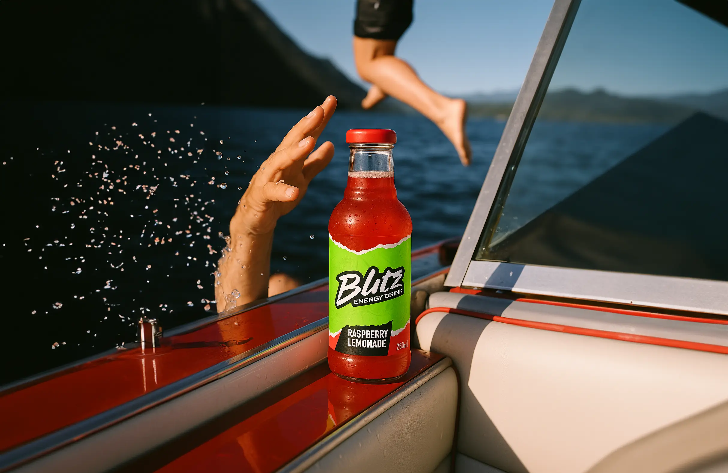 Bottle of Blitz Raspberry Lemonade energy drink on a boat edge with a person’s hand splashing water and legs in mid-air over a lake.