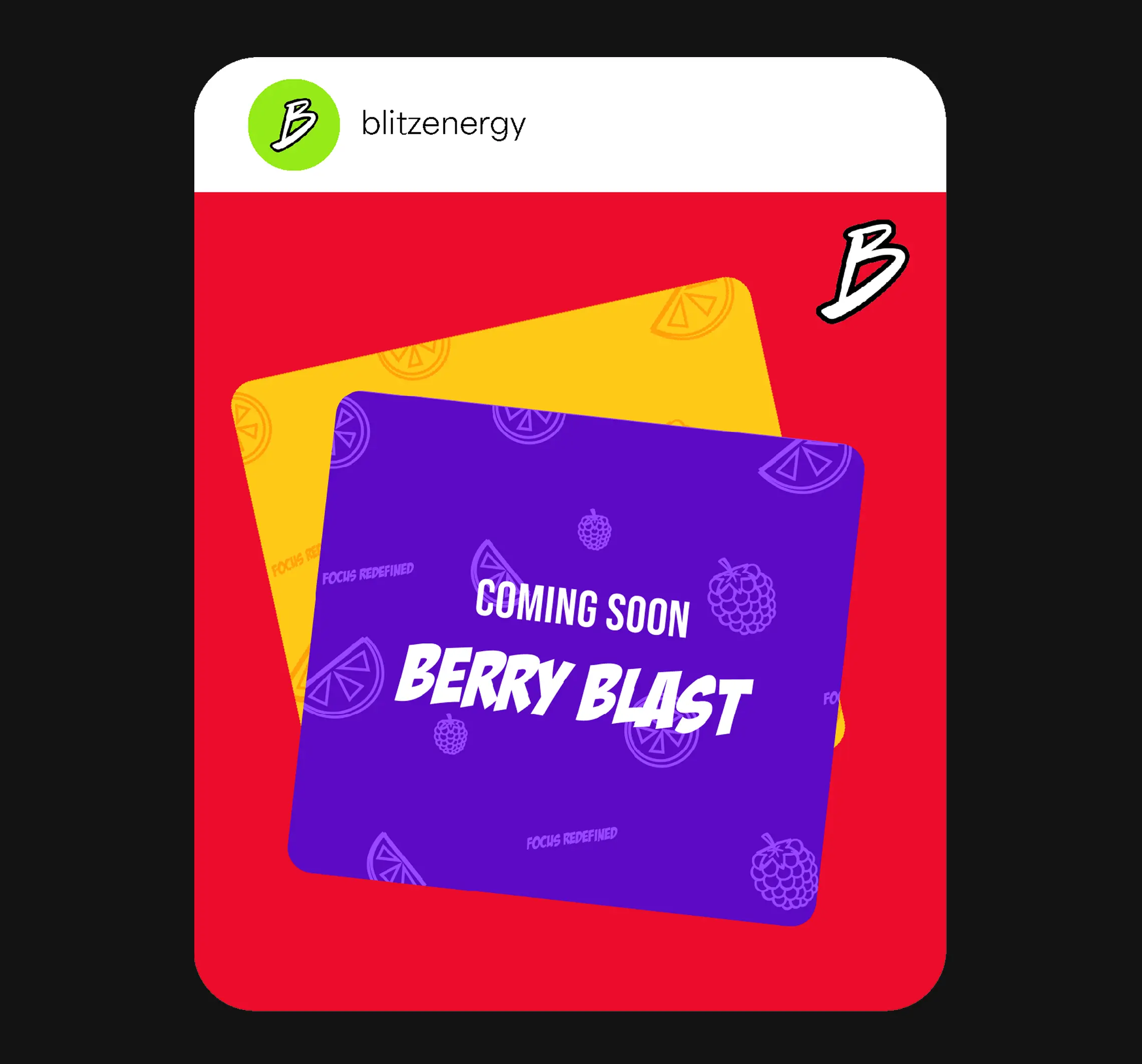 Blitzenergy social media post announcing 'Berry Blast' coming soon with a purple card over a yellow card on a red background.