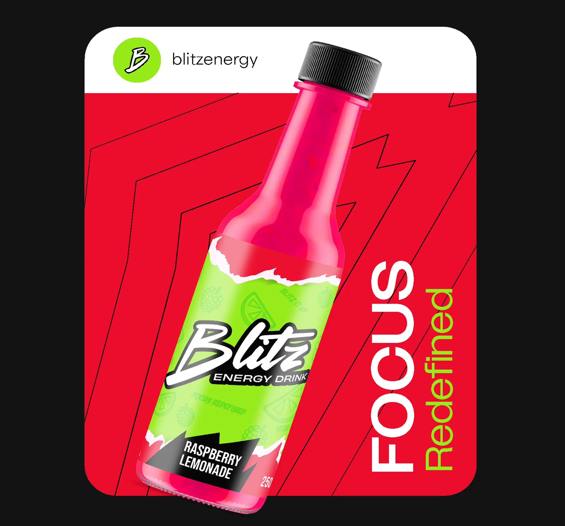 Pink bottle of Blitz energy drink with raspberry lemonade flavor on a red background with text 'FOCUS Redefined'.