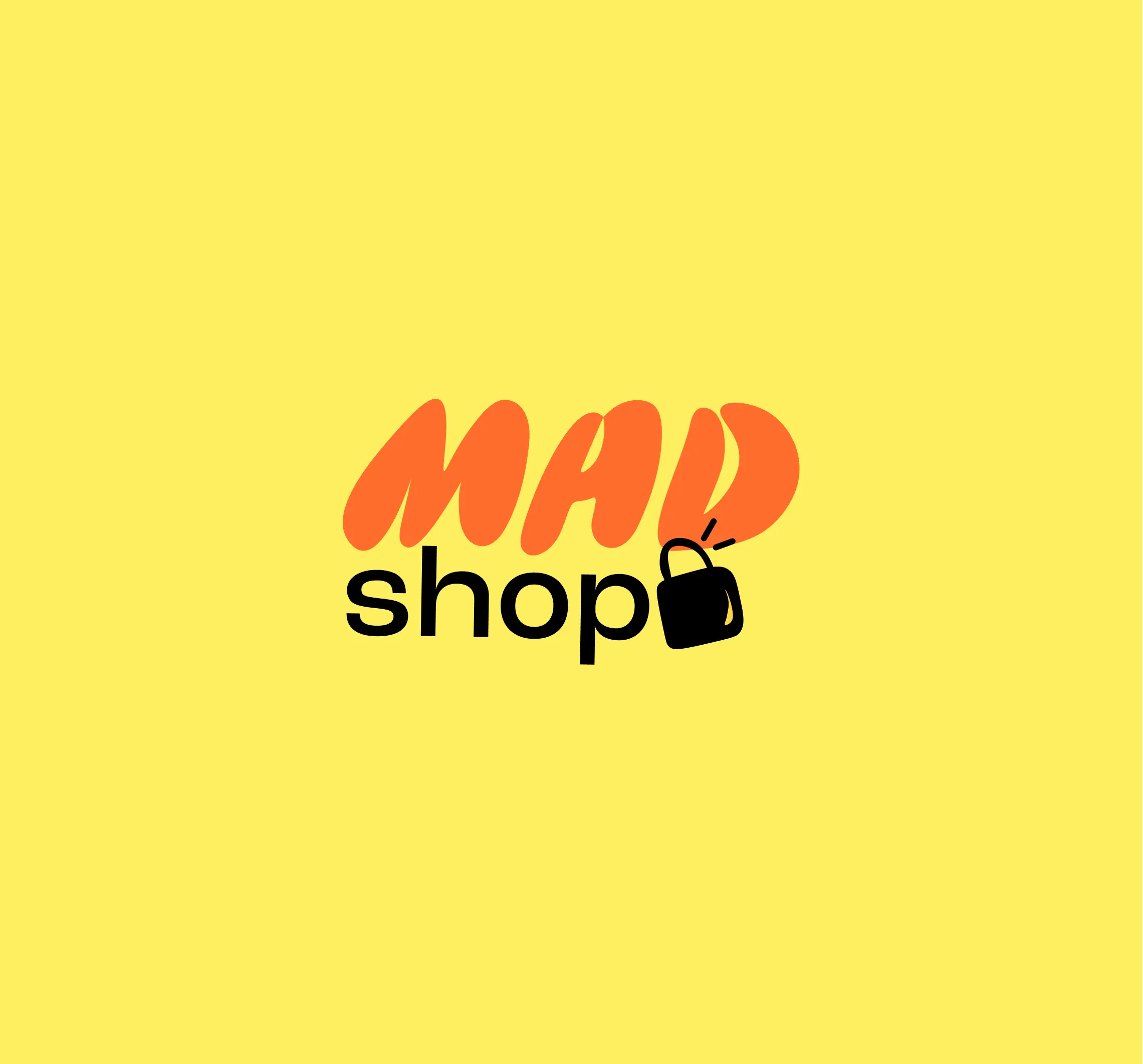 Logo with orange text 'MAD' above black text 'shop' with a black shopping bag icon on a yellow background.