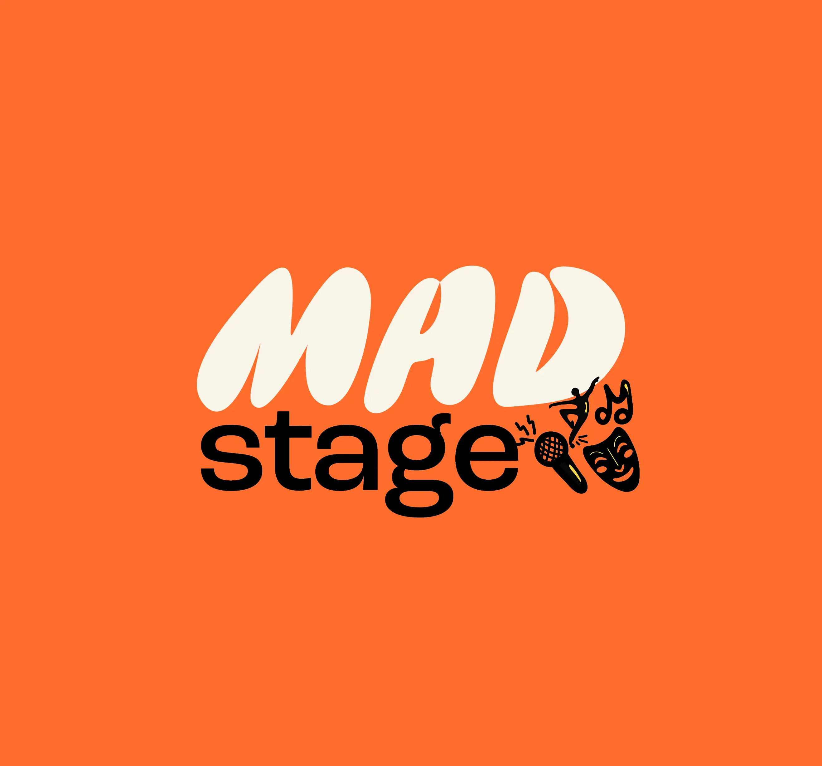 Logo with the words 'MAD stage' featuring icons of a microphone, dancer, music notes, and theater mask on an orange background.