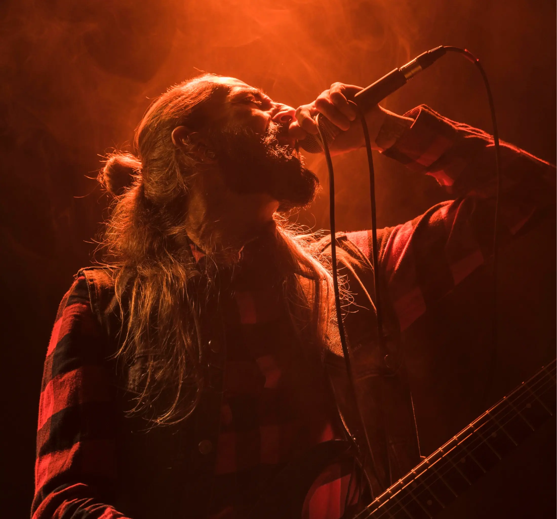 Long-haired male singer passionately singing into a microphone with orange backlighting and smoke effects.
