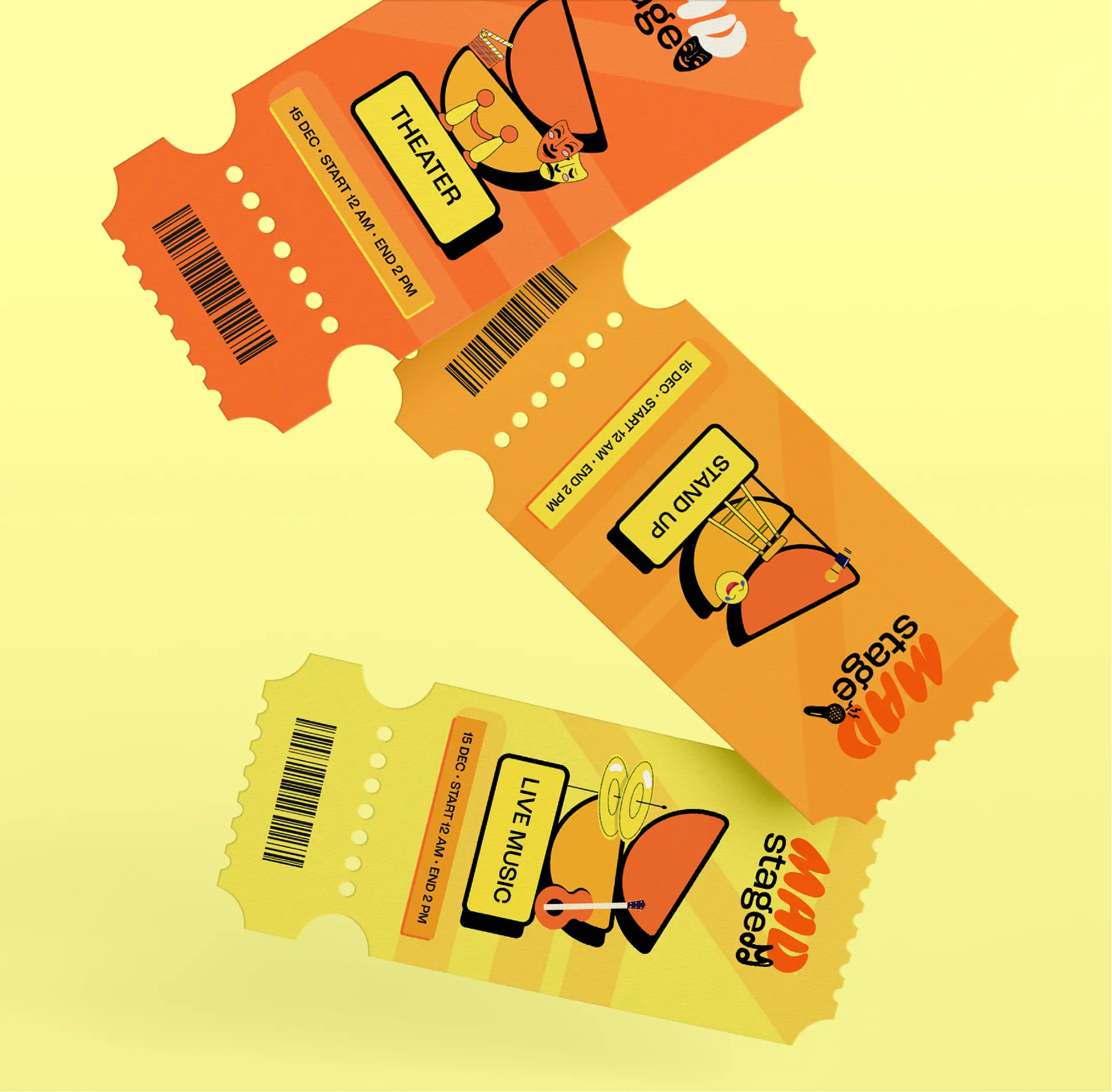 Three colorful event tickets arranged diagonally for theater, stand-up comedy, and live music shows on December 15 from 12 AM to 2 PM.