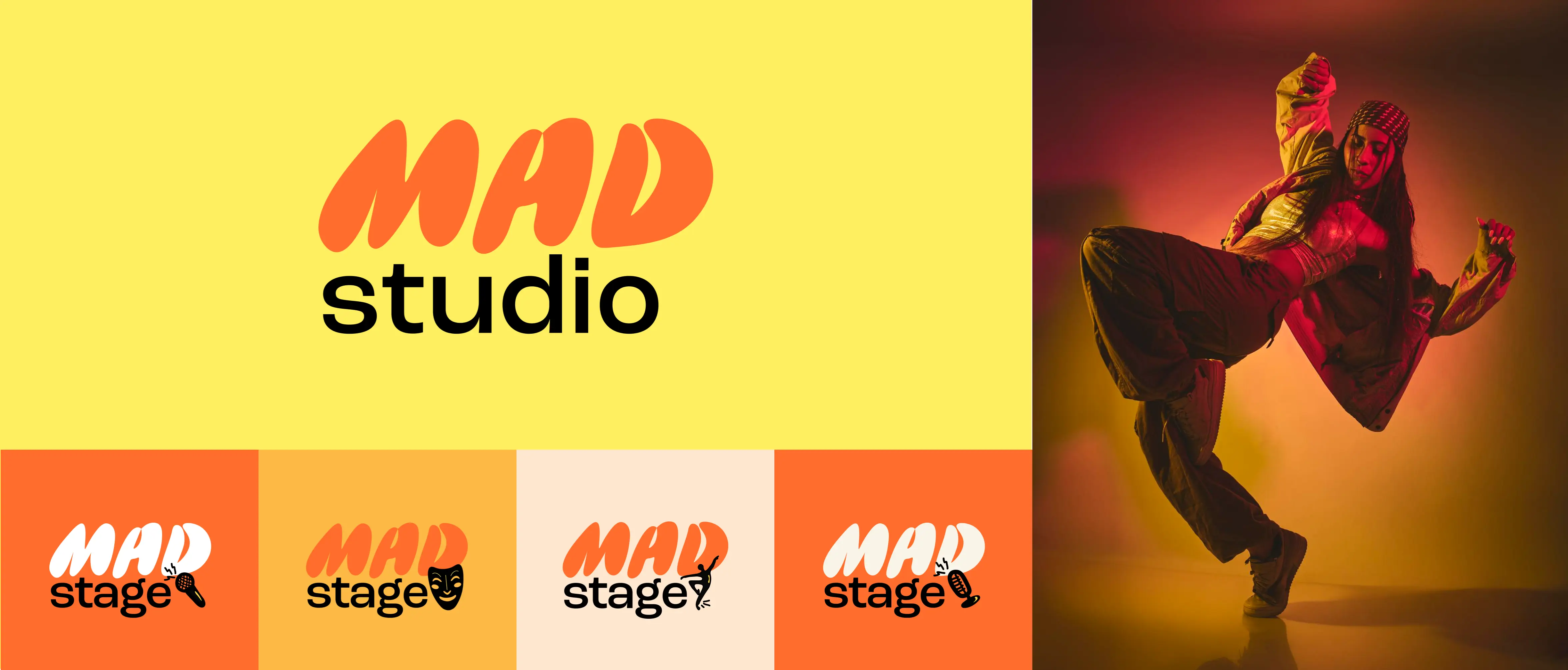 Collage with MAD studio logo on yellow background and four MAD stage logos depicting a microphone, theater mask, dancer, and another microphone, alongside a woman in streetwear dancing against an orange gradient background.