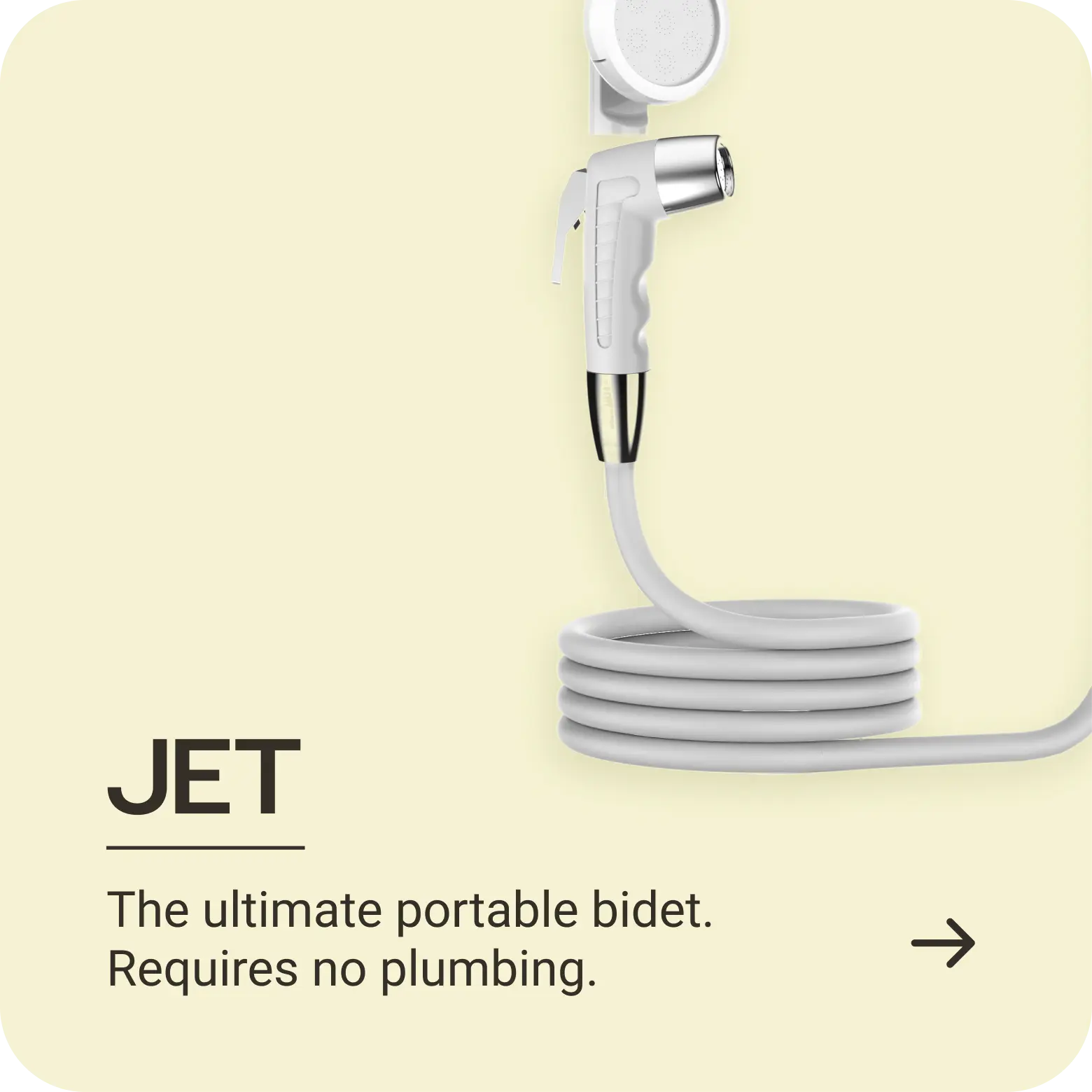 White handheld portable bidet with coiled hose mounted on a light yellow background.