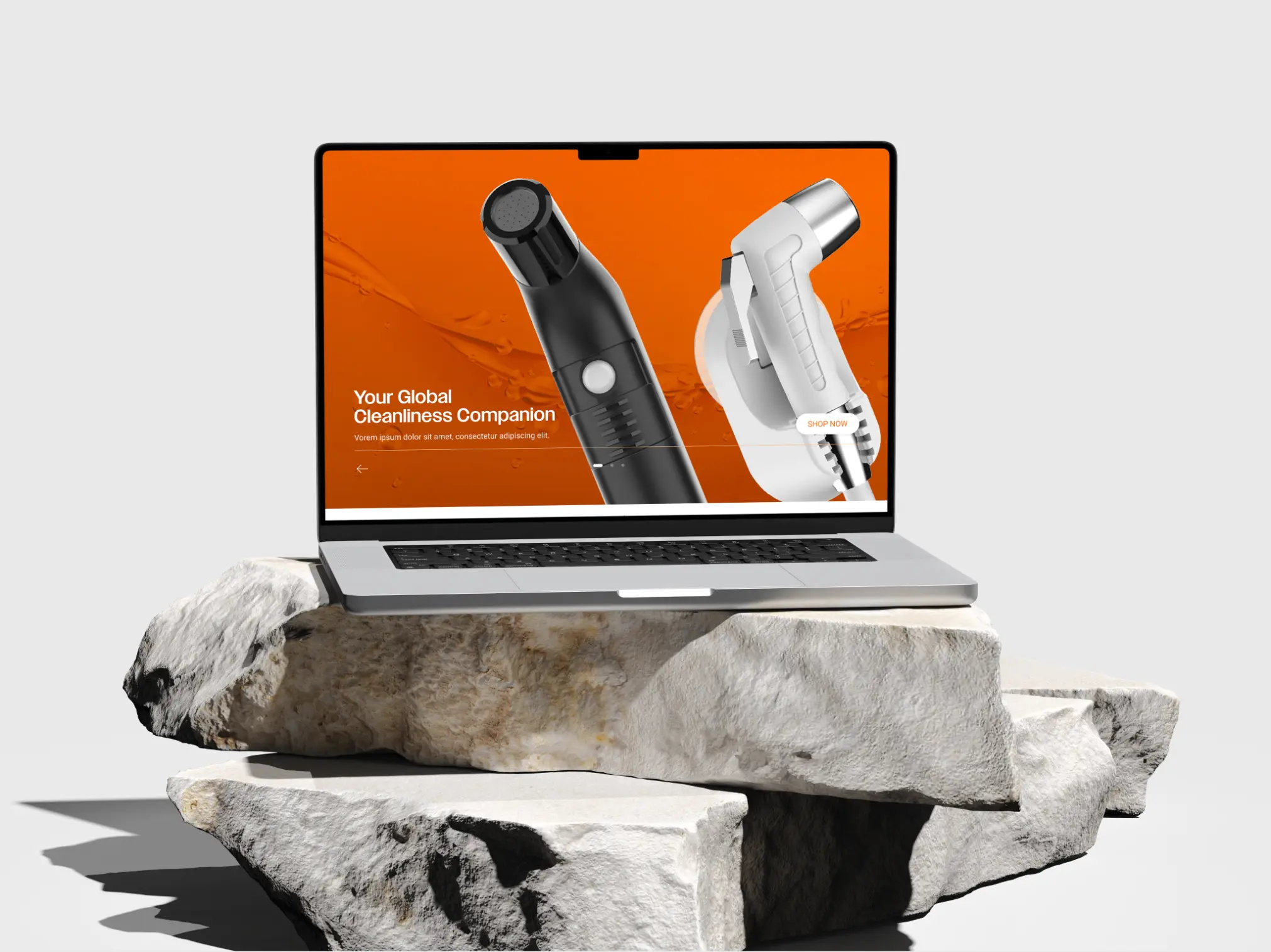 Laptop displaying an orange screen with cleaning tools and text 'Your Global Cleanliness Companion' placed on stacked large stone slabs.