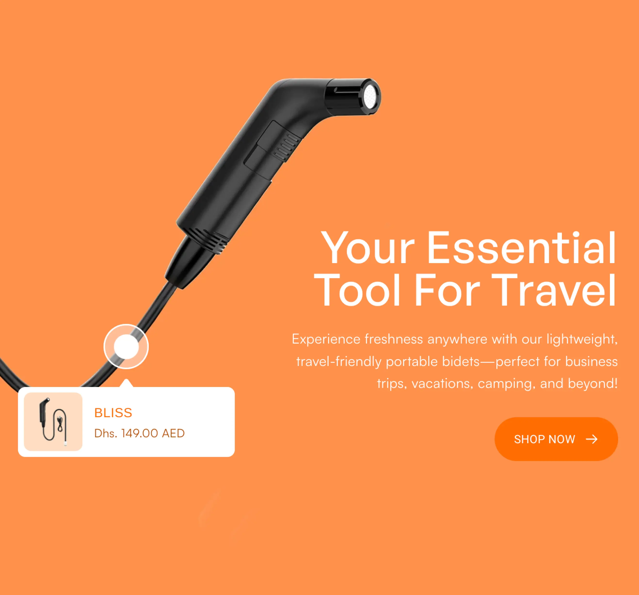 Black handheld portable bidet sprayer on orange background with text promoting it as an essential travel tool and a price tag of 149 AED.