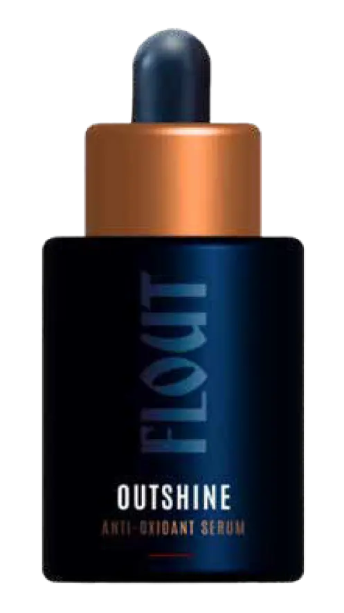 Dark blue dropper bottle with copper-colored collar, labeled 'FLOUT OUTSHINE Anti-Oxidant Serum'.