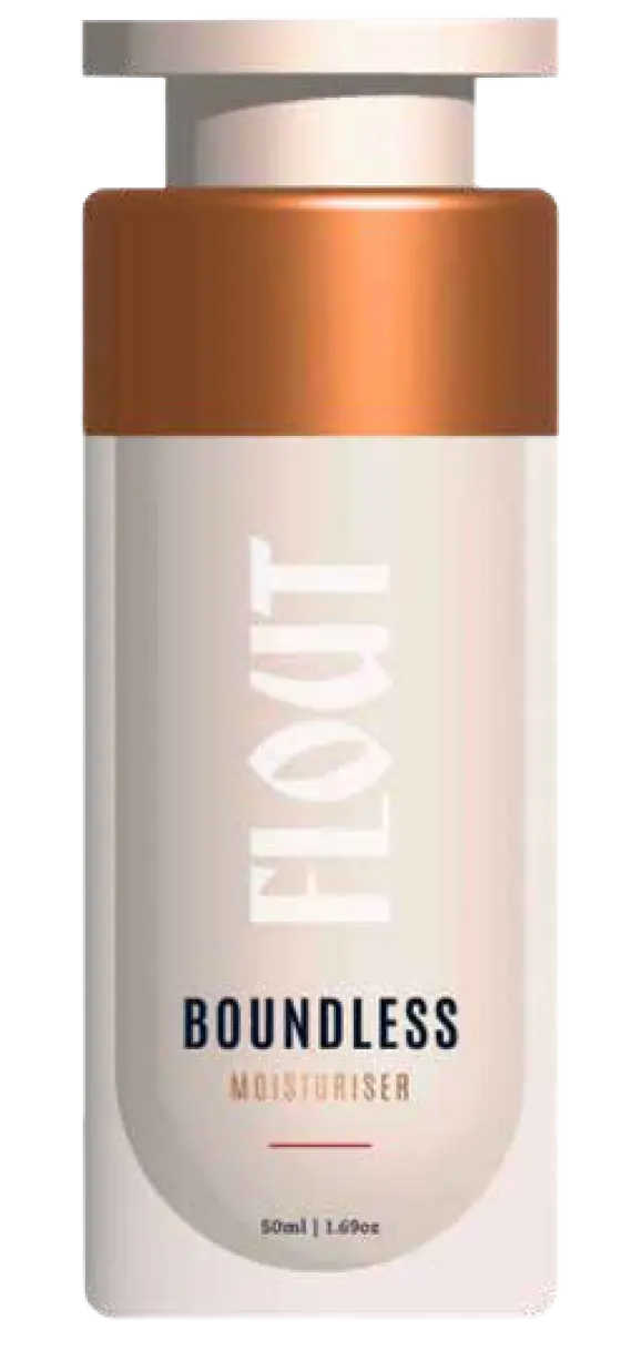 Bottle of Flout Boundless Moisturiser with a white and copper-colored design, 50ml.