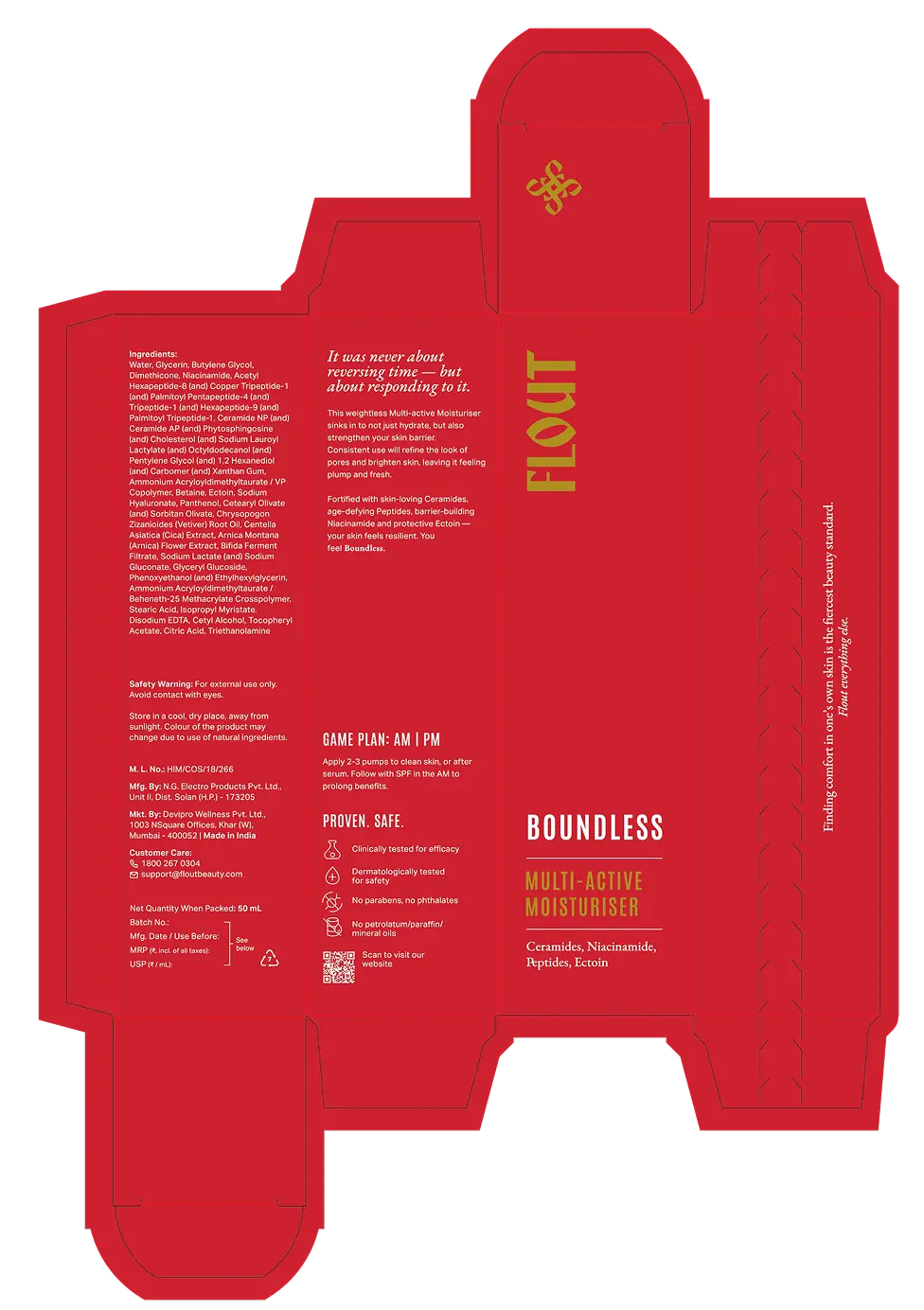 Red packaging layout for Boundless Multi-Active Moisturiser featuring brand name, product description, ingredients list, usage instructions, and safety warnings in white and gold text.