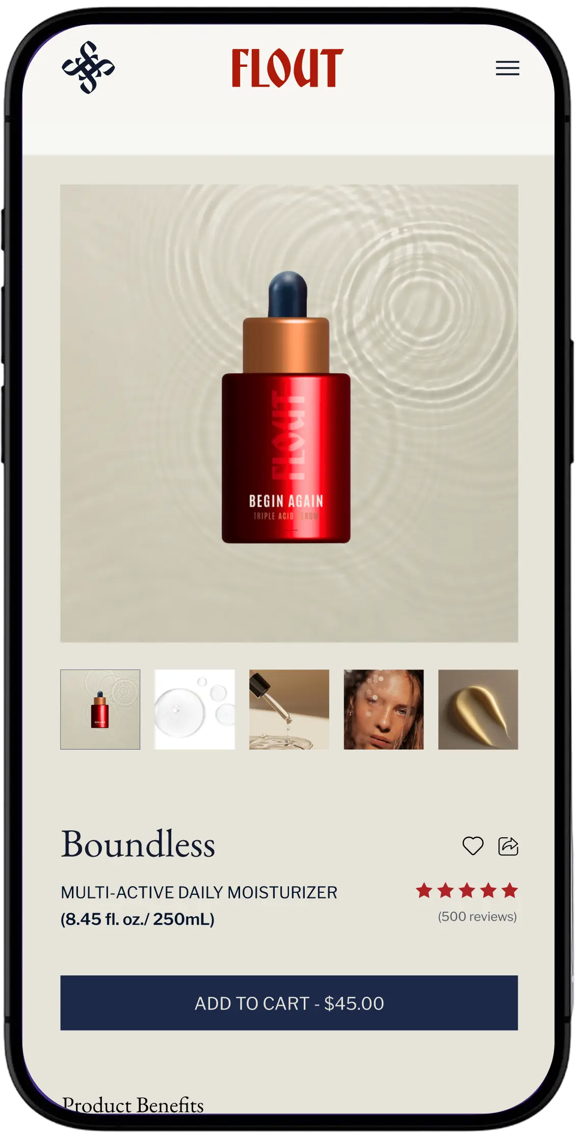 Smartphone screen displaying Flout Begin Again triple acid serum bottle above product title Boundless multi-active daily moisturizer, 8.45 fl. oz., $45 price, and a five-star rating from 500 reviews.