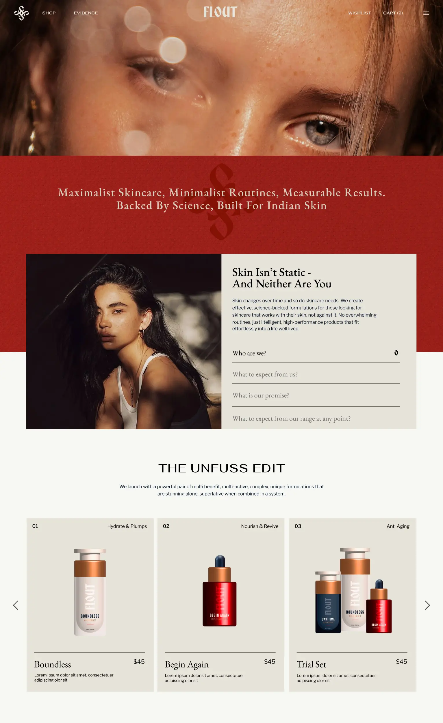 Website homepage featuring skincare brand Flout with close-up of a woman's face, product descriptions, and images of three skincare products named Boundless, Begin Again, and Trial Set.