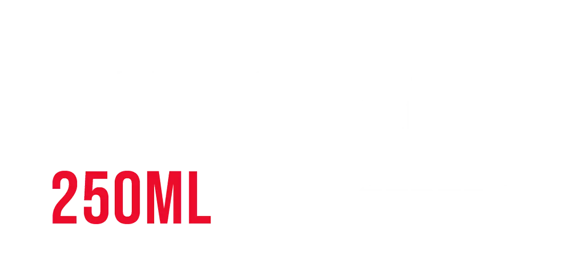 Text reading 'MADE FOR ALL' in white with '250ML' in bold red and a white lightning bolt icon.