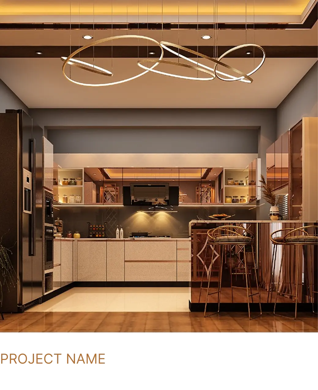 Modern kitchen with beige cabinets, stainless steel refrigerator, circular pendant lights, and a breakfast bar with two tall chairs.