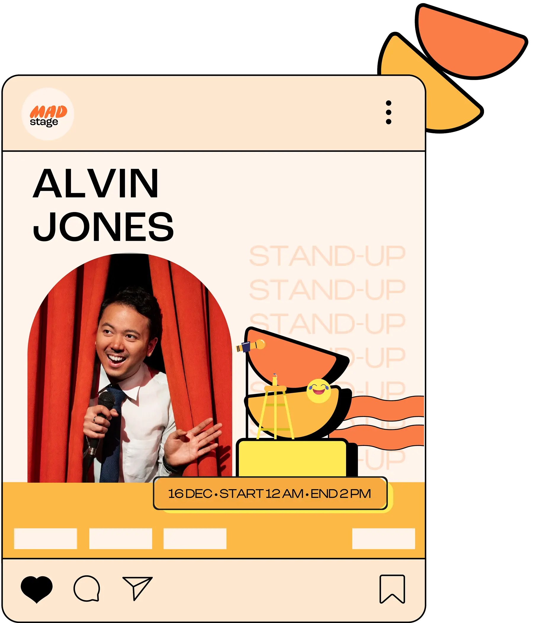 Alvin Jones holding a microphone peeking through red stage curtains, promoting a stand-up comedy event on December 16 from 12 AM to 2 PM.