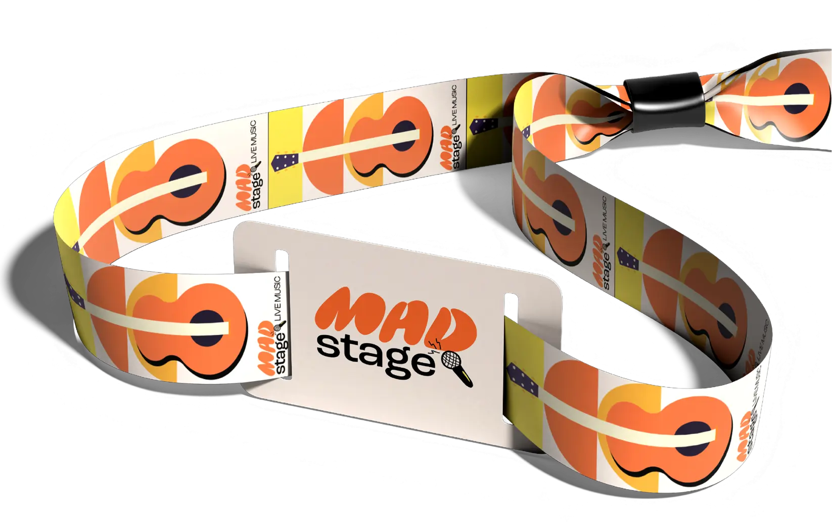 Festival wristband with orange guitars and MAD stage live music logo featuring a microphone.