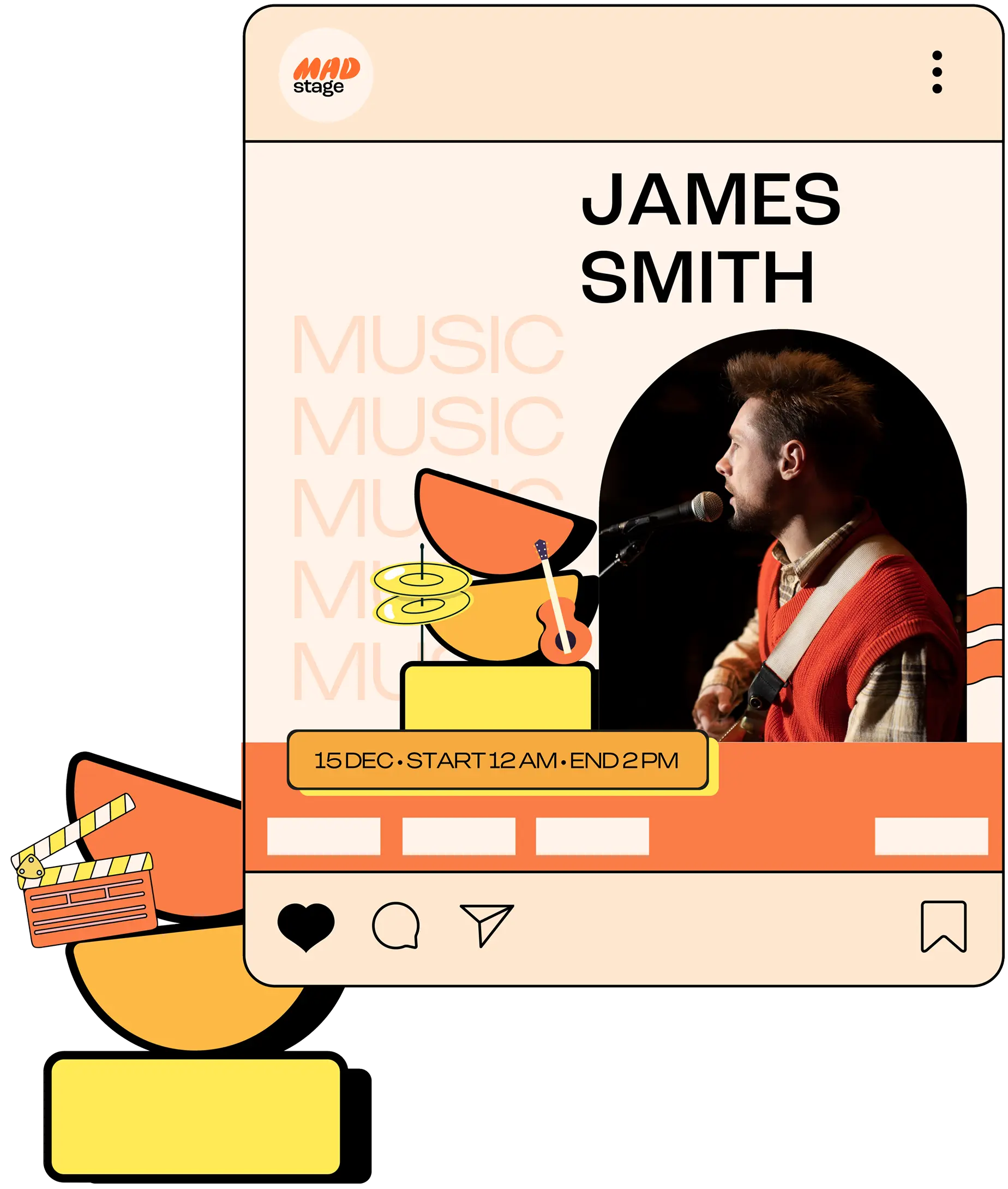 Promotional poster for a music event featuring James Smith singing and playing guitar, scheduled for December 15 from 12 AM to 2 PM.