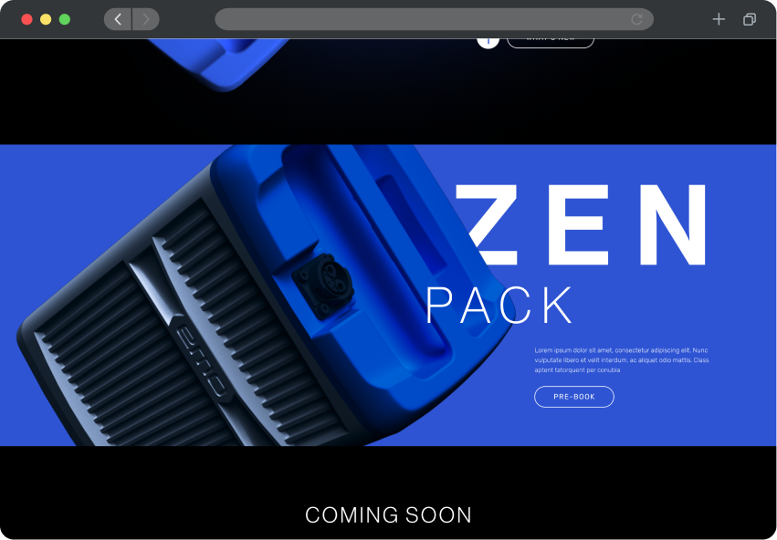 Close-up of a blue and black portable device with textured grip and connector port on a blue background, with large white text reading 'ZEN PACK' and smaller text with a pre-book button, followed by 'COMING SOON' below.