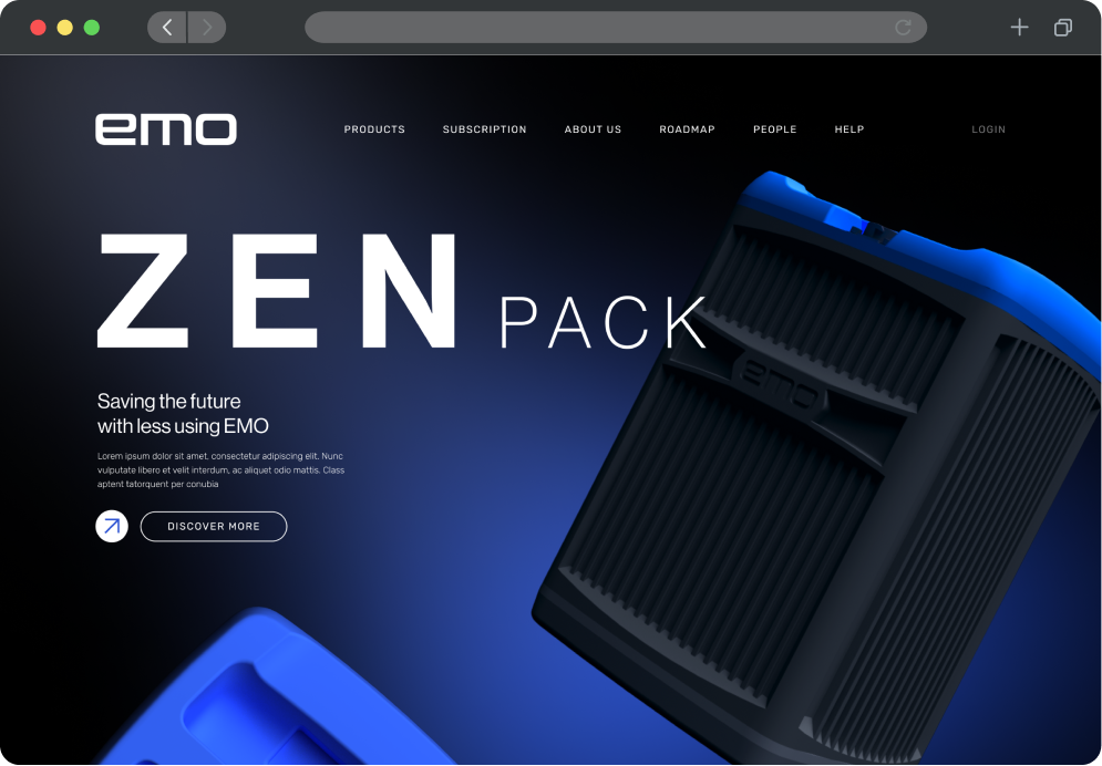 Website homepage for EMO showcasing the ZEN Pack with a large image of the product on a dark to blue gradient background and navigation menus for Products, Subscription, About Us, Roadmap, People, Help, and Login, plus a Discover More button.