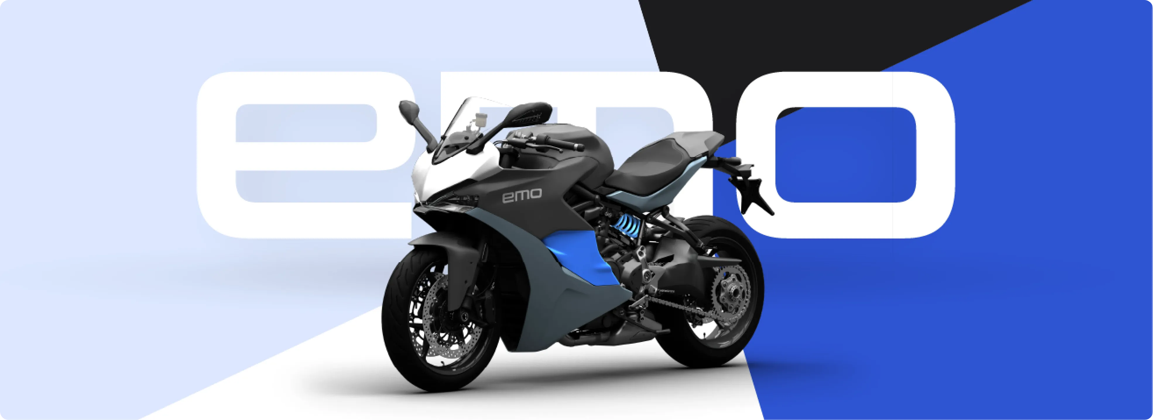 A modern sport motorcycle with a black, white, and blue color scheme, shown at an angle with visible front and right side, set against a background with large letters spelling 'emo' in white on blue and black diagonal panels.