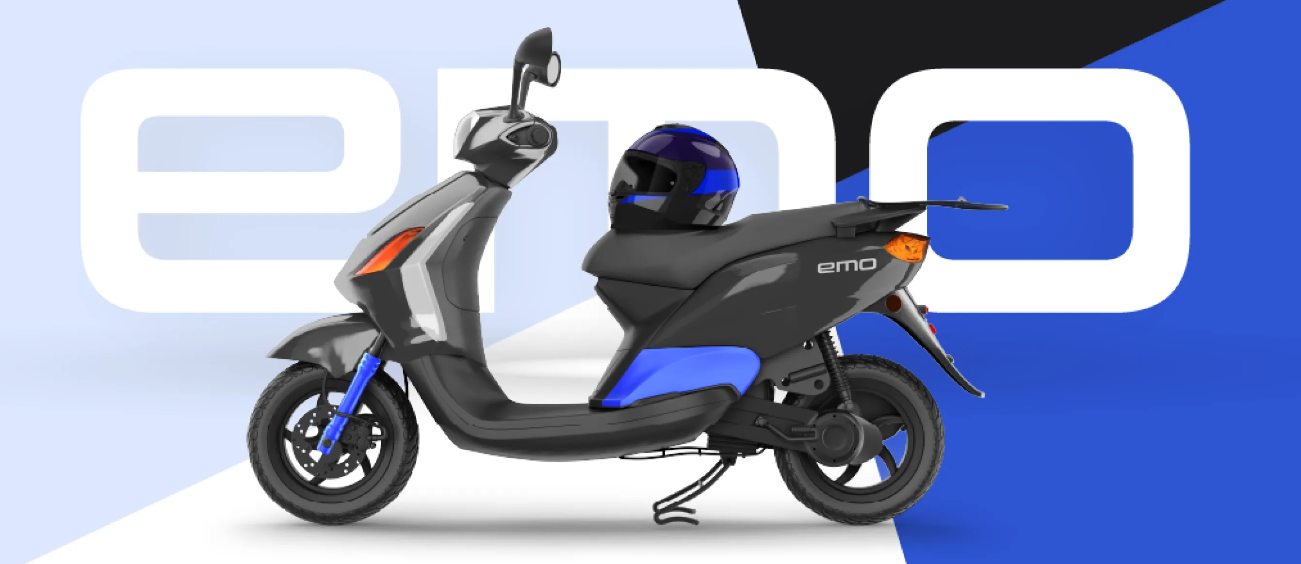 Black and blue electric scooter with a matching black and blue helmet placed on the seat, set against a background with large white letters spelling 'emo'.