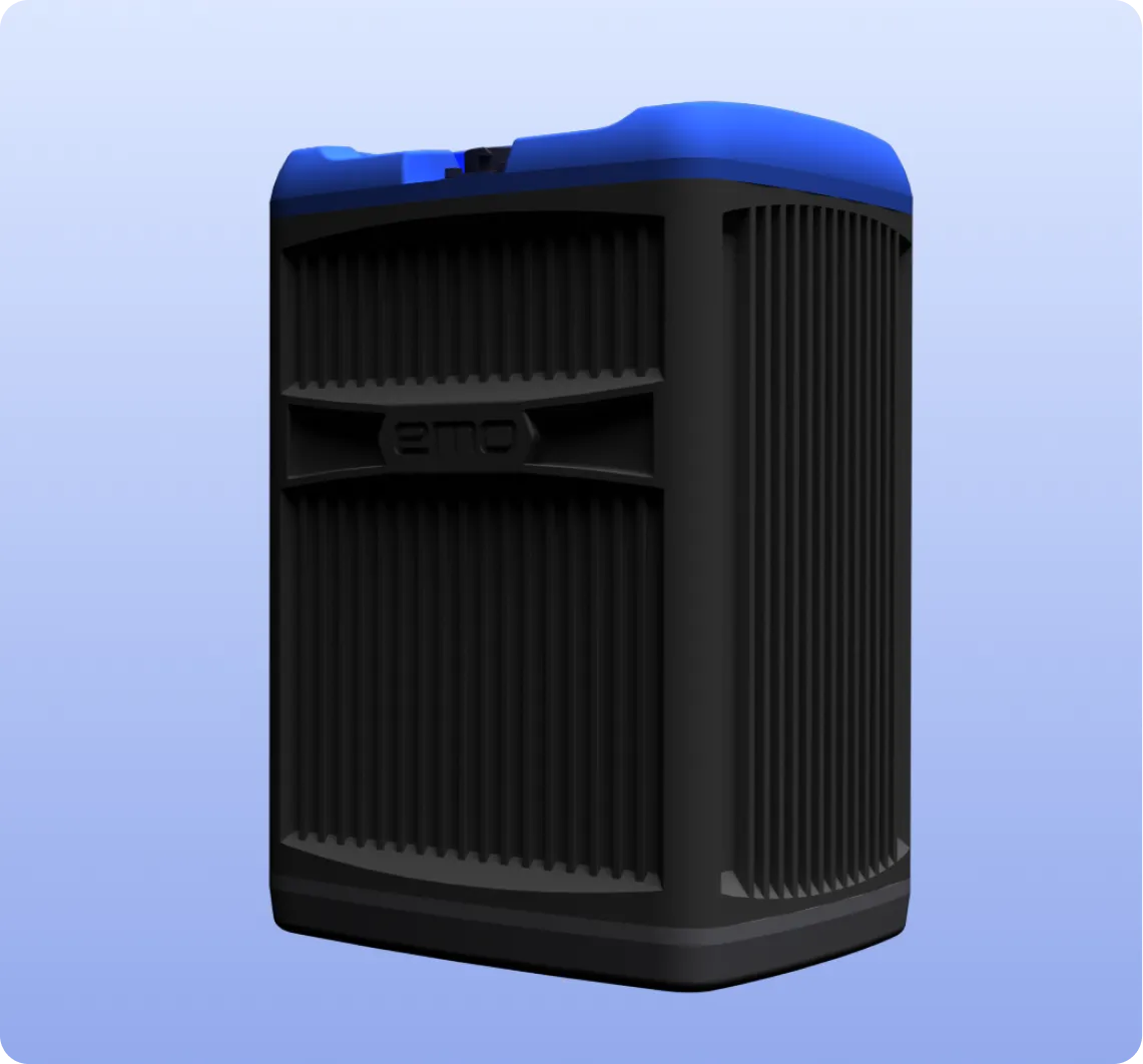 Black and blue rectangular device with vertical grill-like patterns and the text 'emo' embossed on the front center.