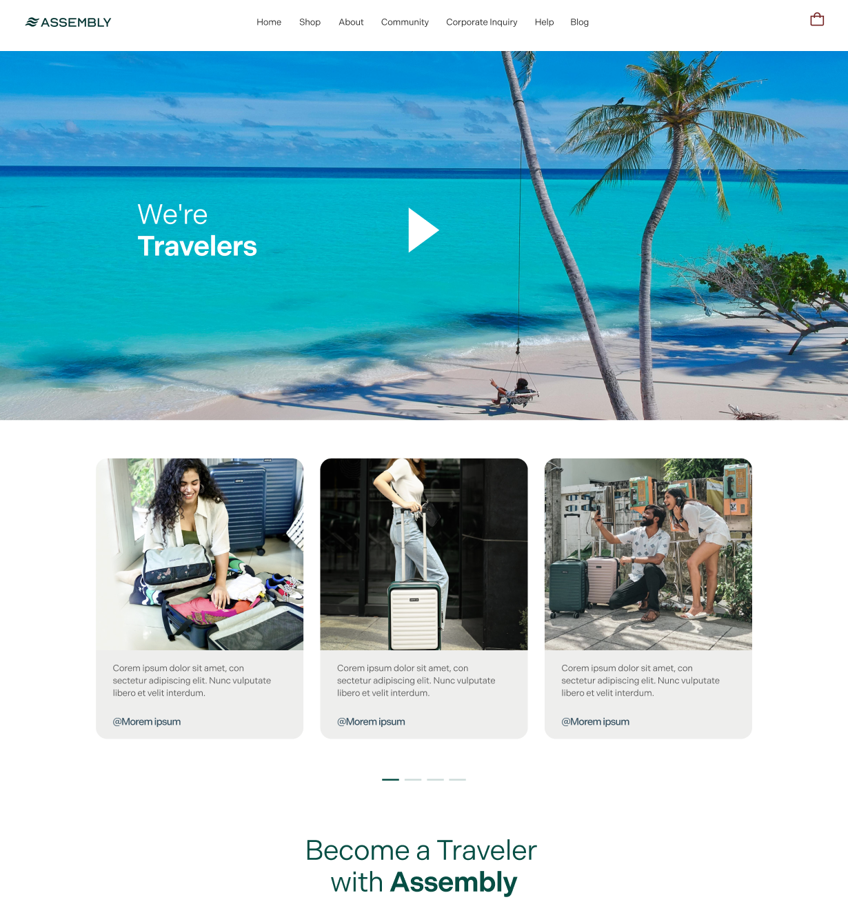 Website homepage of Assembly featuring a tropical beach with turquoise water and a person swinging on a rope swing tied to a palm tree, with text "We're Travelers" and a play button overlay, plus three images below showing a woman packing a suitcase, a person standing with a suitcase, and two people taking a selfie outdoors with luggage, followed by the text "Become a Traveler with Assembly."