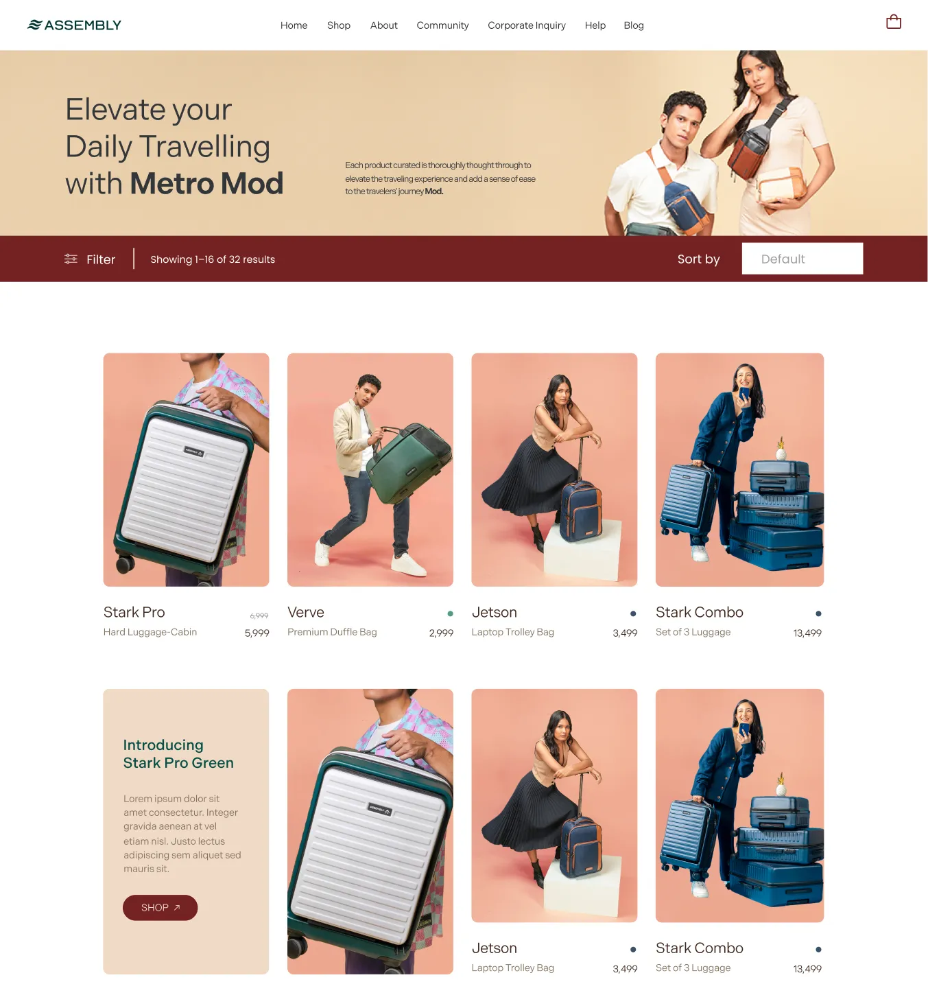 E-commerce webpage for Assembly brand showcasing Metro Mod travel bags and luggage, featuring a banner with a man and woman wearing crossbody bags and the text 'Elevate your Daily Travelling with Metro Mod.' Product section displays images of Stark Pro hard luggage cabin, Verve premium duffle bag, Jetson laptop trolley bag, and Stark Combo set of 3 luggage with prices. A highlighted promotion for Stark Pro Green with a shop button is shown. Several models pose with the bags on a peach background.