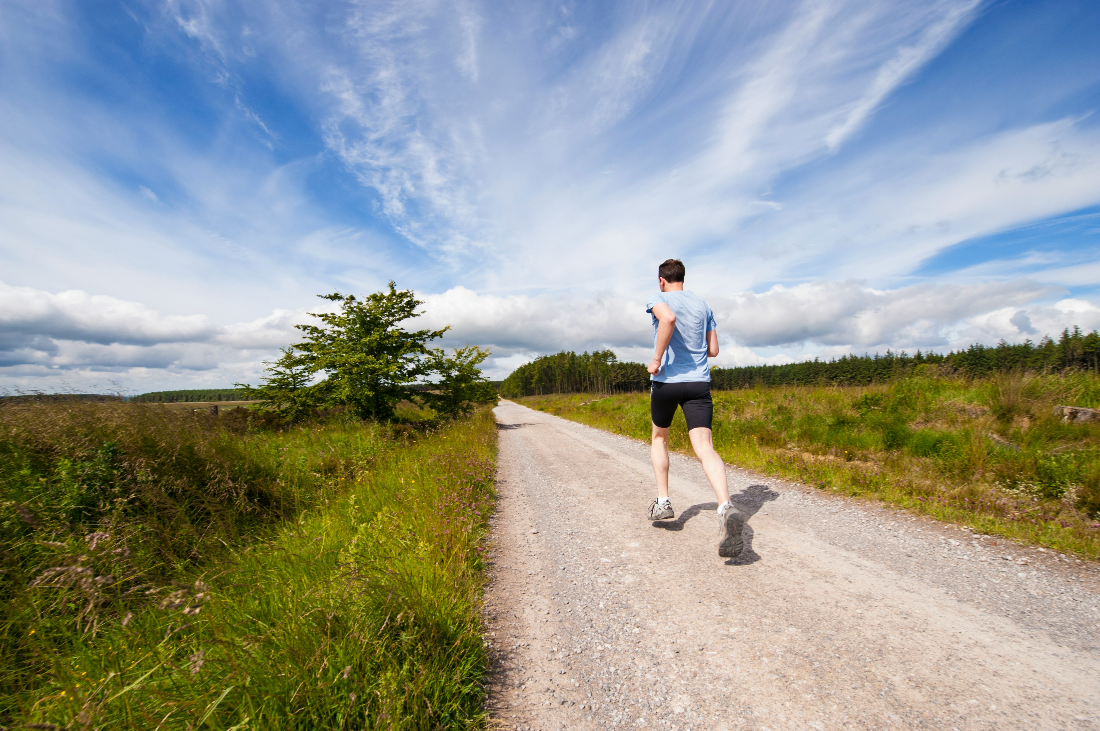 A runner follows a gravel path through open countryside, surrounded by green fields and trees beneath a wide blue sky filled with sweeping white clouds.