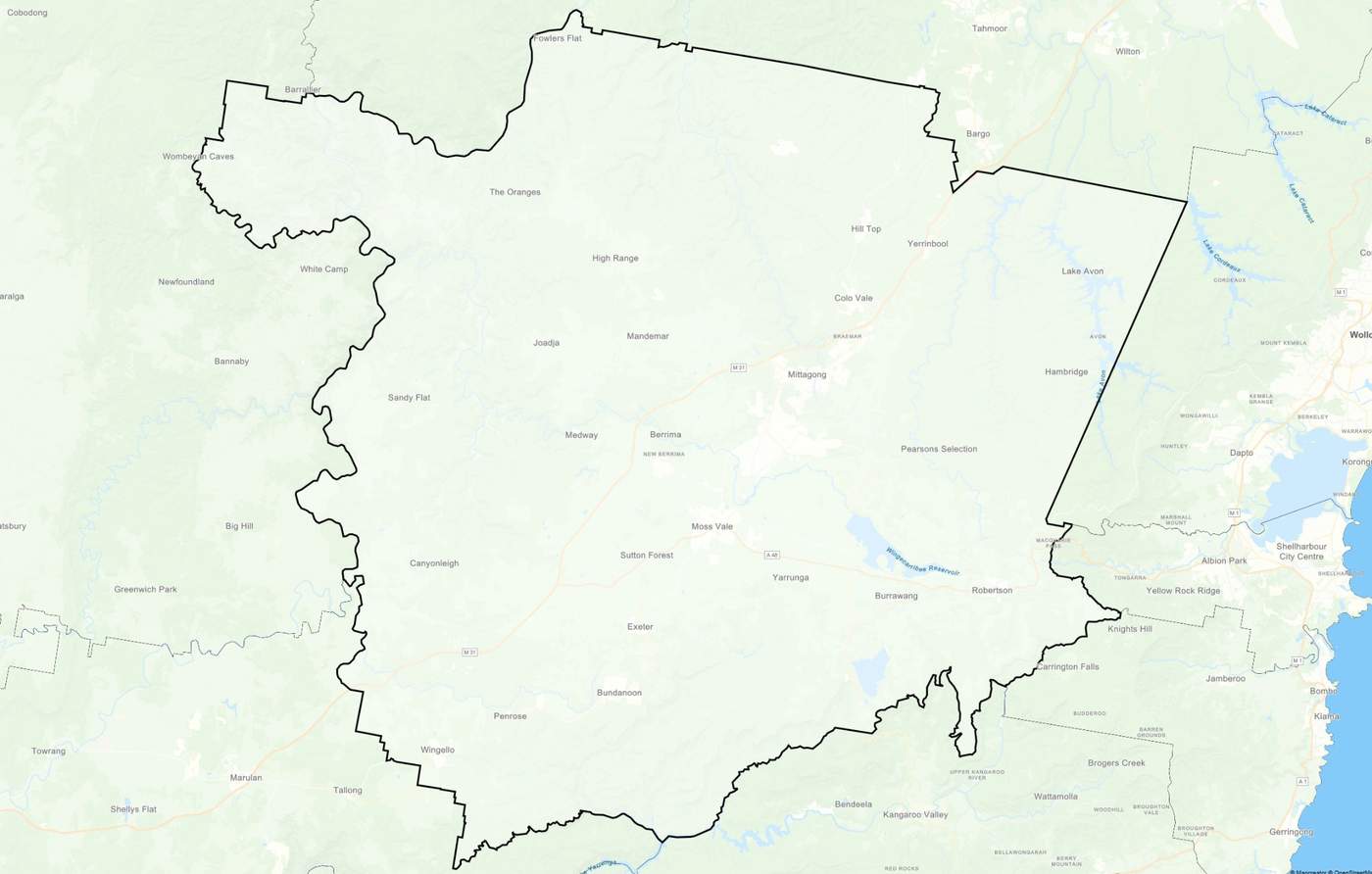 Map showing Shelter Electrical’s service areas across the Southern Highlands NSW including Bowral, Mittagong, Moss Vale, and surrounding towns
