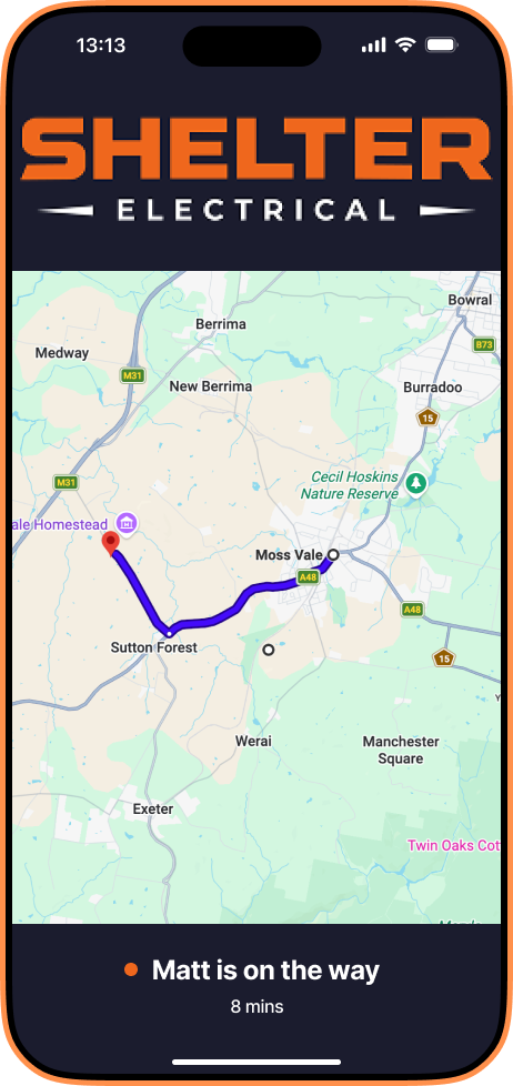 Map showing Shelter Electrical’s service areas across the Southern Highlands NSW