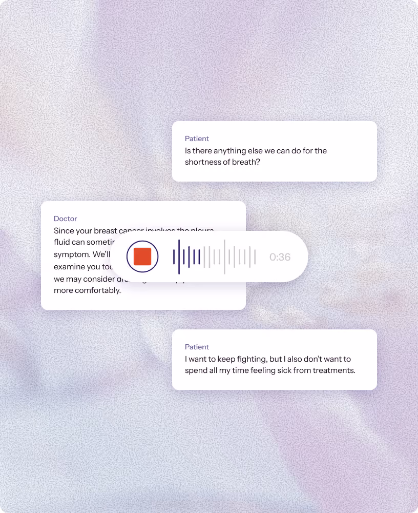 Doctor-patient conversation transcript with an active voice recording widget capturing the visit in real time
