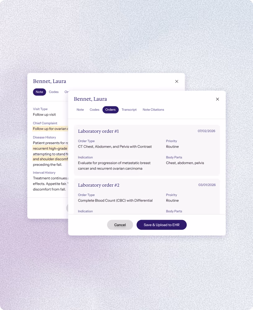 Clinical note interface for Laura Bennet with an orders panel showing lab orders ready to save and upload to the EHR