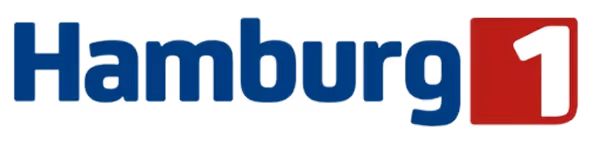 Logo des Radiosenders Hamburg 1 mit blauem Schriftzug und rotem Quadrat.