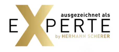 Goldener Schriftzug Experte mit Text ausgezeichnet als by Hermann Scherer