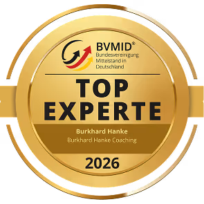 Goldmedaille mit dem Schriftzug BVMiD Bundesvereinigung Mittelstand in Deutschland, Top Experte, Burkhard Hanke Coaching, 2026.
