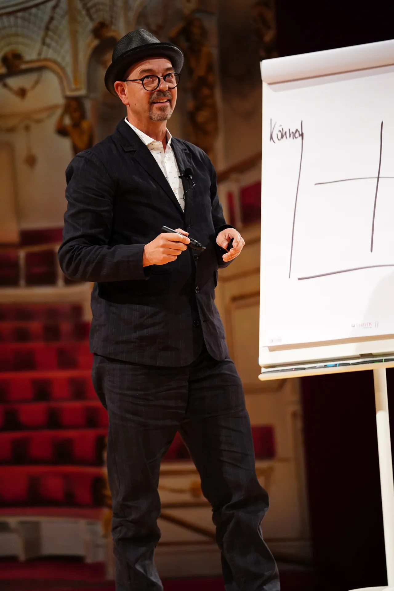Mann mit Hut und Brille hält einen Marker vor einem Flipchart in einem prunkvollen Saal mit roten Sitzen.