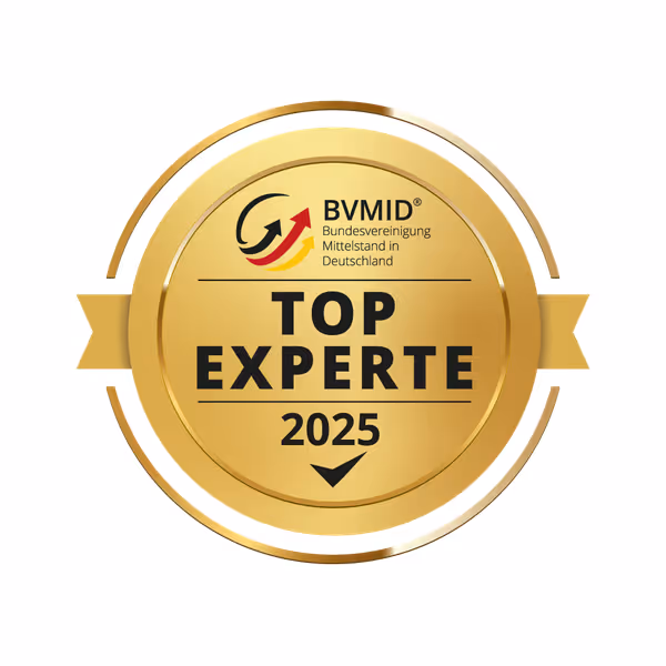 Goldmedaille mit der Aufschrift BVMID Bundesvereinigung Mittelstand in Deutschland, TOP EXPERTE 2025.