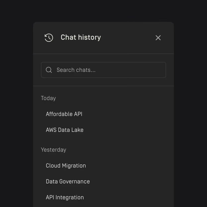 Chat history panel showing search bar and recent chats titled Affordable API, AWS Data Lake for today, and Cloud Migration, Data Governance, API Integration for yesterday.