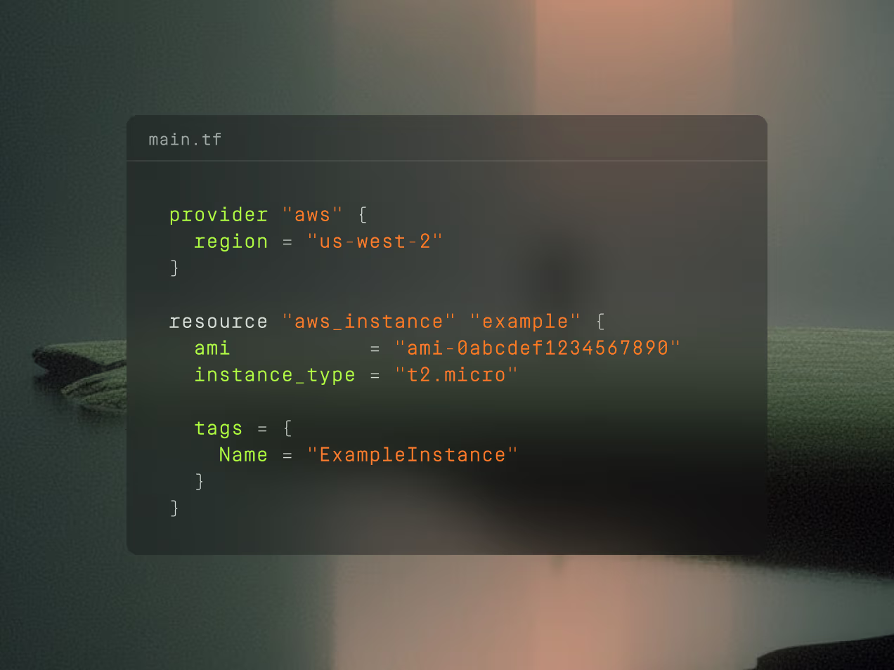 Terraform configuration code defining AWS provider in us-west-2 region and an AWS instance resource with specific AMI and instance type t2.micro.