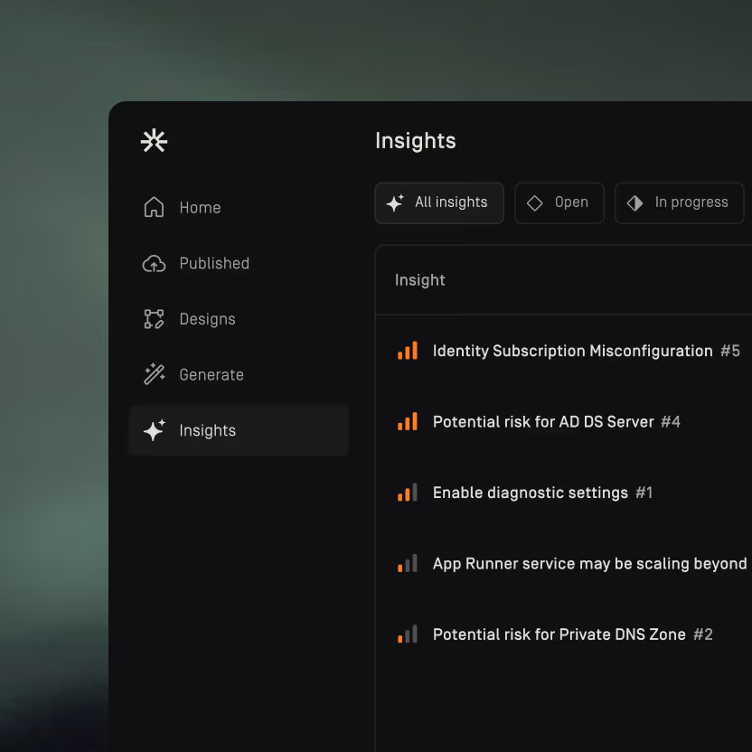 User interface showing a dark-themed Insights panel with a sidebar menu including Home, Published, Designs, Generate, and Insights. The Insights section lists items such as Identity Subscription Misconfiguration, Potential risk for AD DS Server, and Enable diagnostic settings with risk indicators.