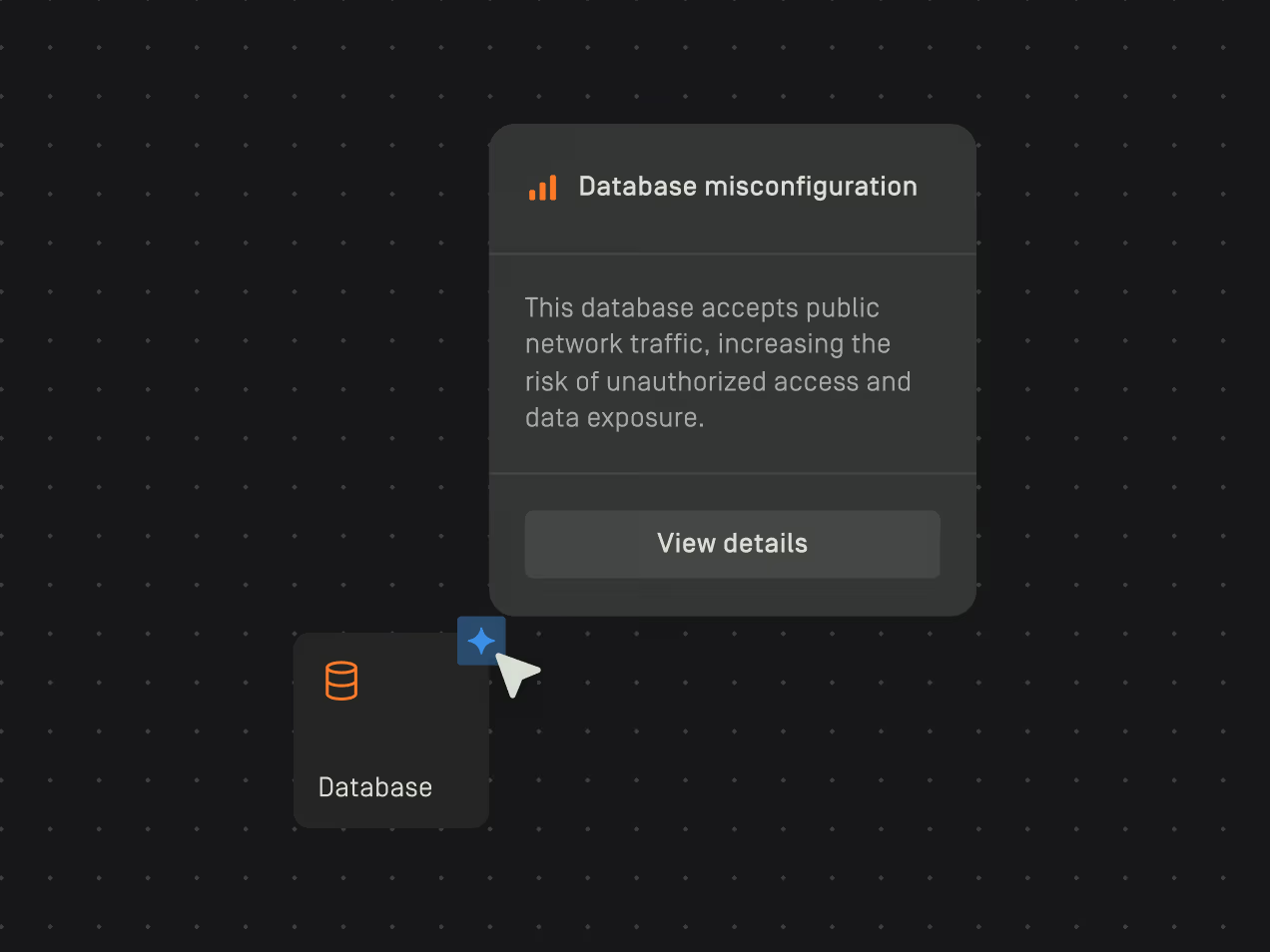 Pop-up alert from Database icon warning of database misconfiguration allowing public network traffic and risk of unauthorized access.