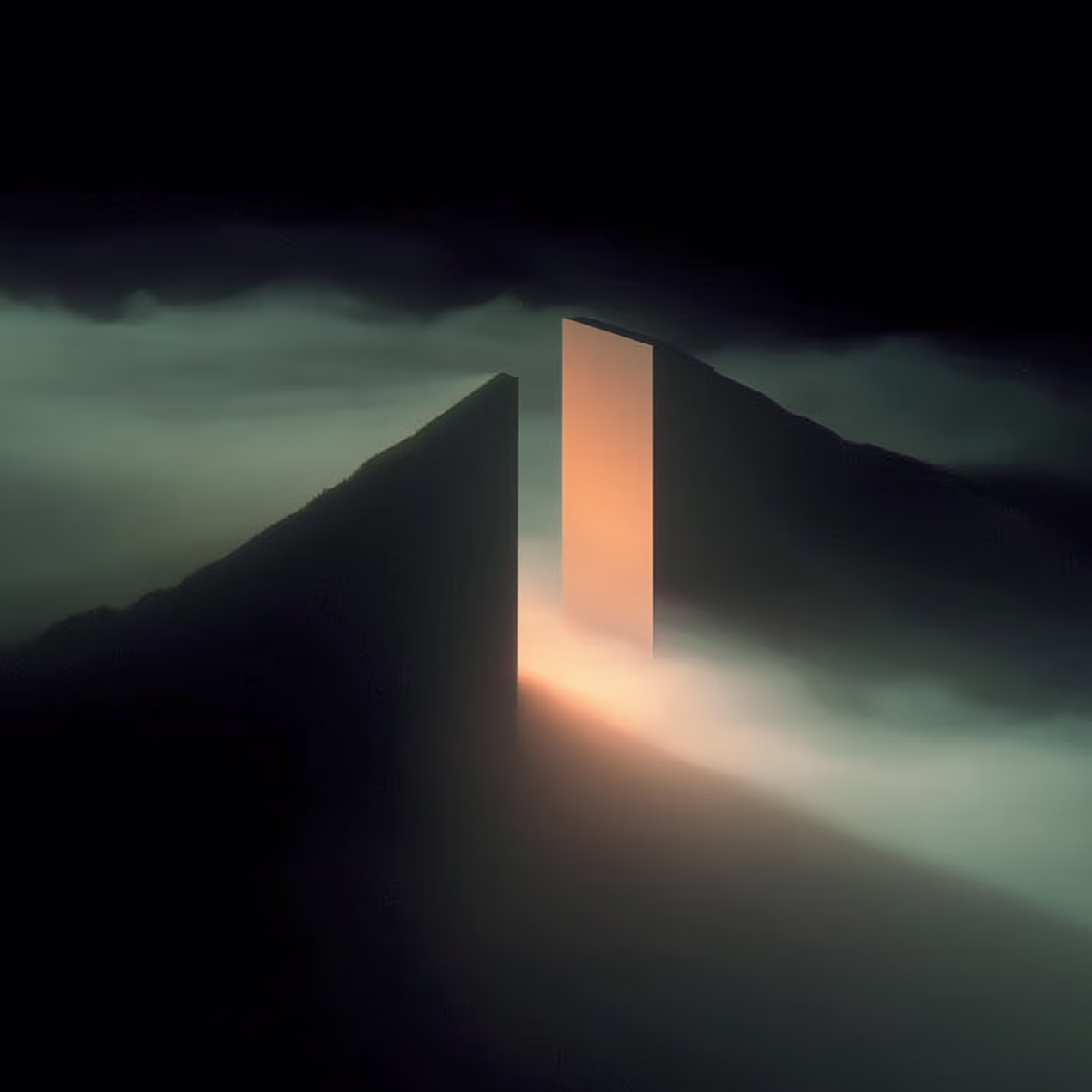 A glowing rectangular monolith stands illuminated between two dark mountain peaks at night with mist surrounding the area.