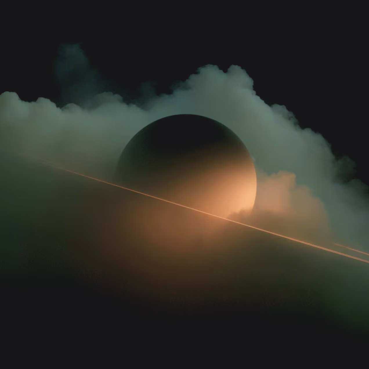 Dark sphere partially obscured by glowing clouds with a diagonal glowing line crossing the scene.