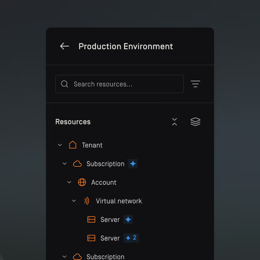 Dark-themed user interface labeled Production Environment showing a resource list with Tenant, Subscription, Account, Virtual network, and multiple Servers including two with a blue star icon and one labeled with number 2.