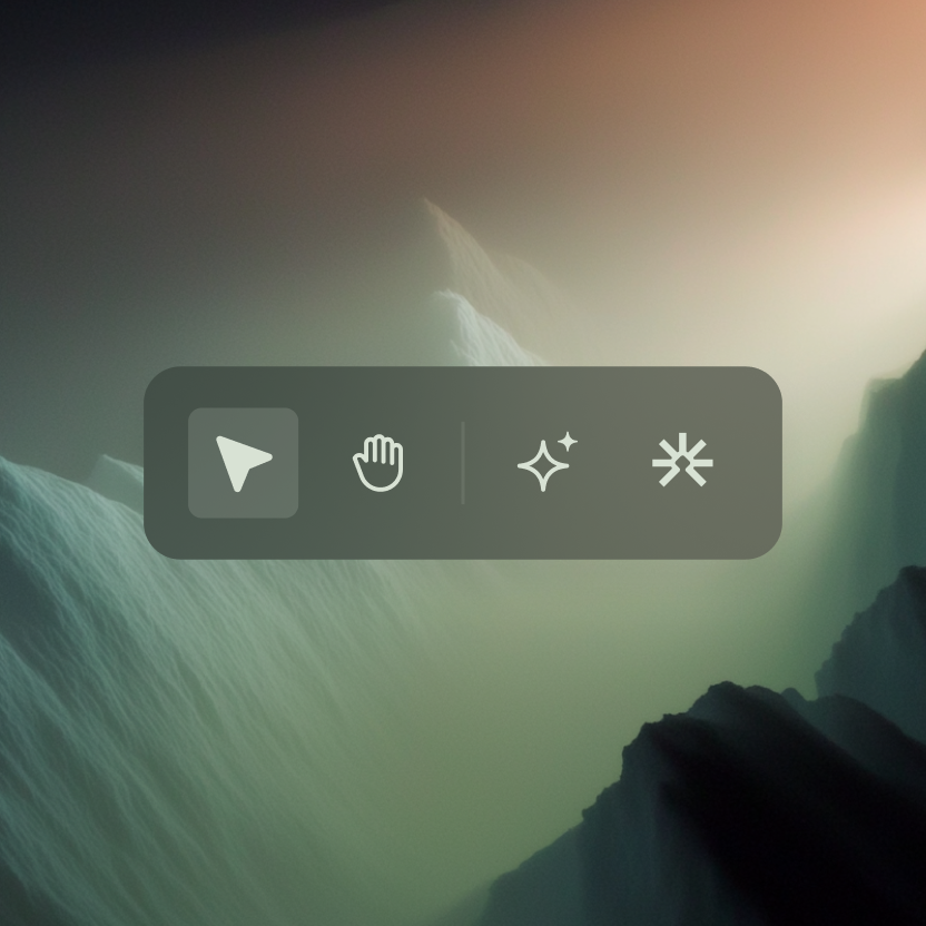 Toolbar with four icons including a highlighted arrow cursor, hand, sparkle, and snowflake on a blurred abstract background.