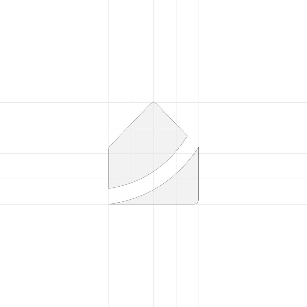 Geometrisk form bestående af et opadvendt hvidt buet område adskilt fra en lysegrå rhombusformet blok og en lysgrå rektangulær blok med afrundede hjørner.