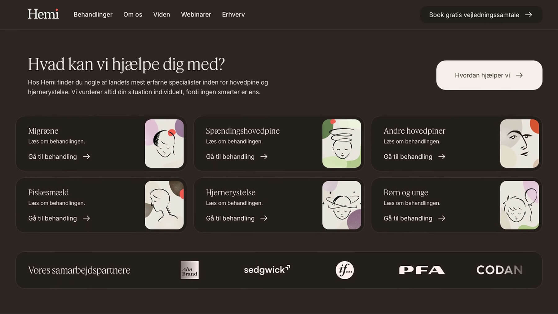 Hemi Healths forside i dark mode med overskriften 'Hvad kan vi hjælpe dig med?' og kort til de forskellige behandlinger.